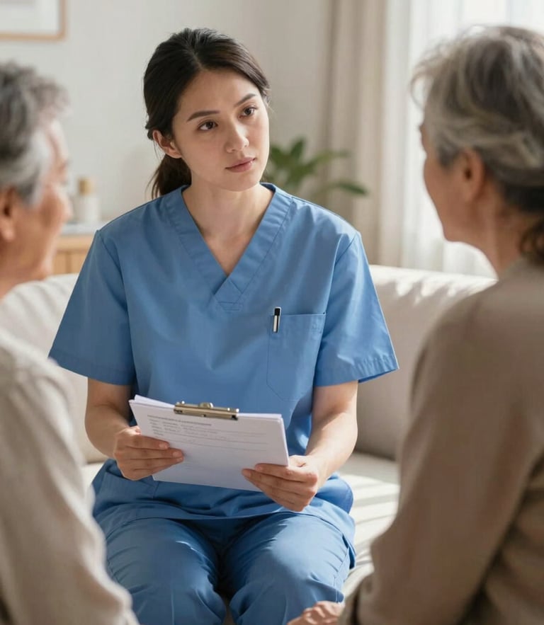 A clinical supervisor in a slate blue uniform calmly reviewing a medical chart with a senior client in a sunlit domestic living room, soft natural light, respectful interaction, medium shot.