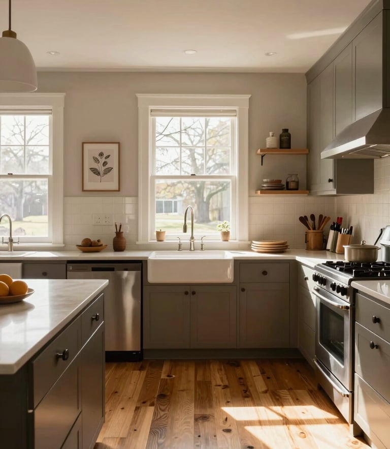 Wide-angle interior photograph of a beautifully updated kitchen in a historic Wabash home. Sunlight streams through a large window, illuminating clean countertops, modern fixtures, and warm wood flooring. Cozy, inviting tones, realistic details, warm editorial photography.