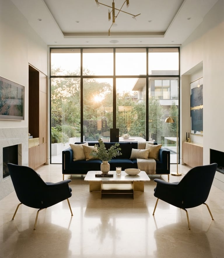 Bright editorial photography of a sunlit luxury living room, polished marble floors, clean minimalist lines, soft golden hour window light, 35mm