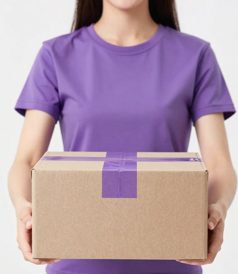 Bright studio shot of a happy person holding a neatly packed shipping box with a subtle purple tape, clean white background, soft lighting