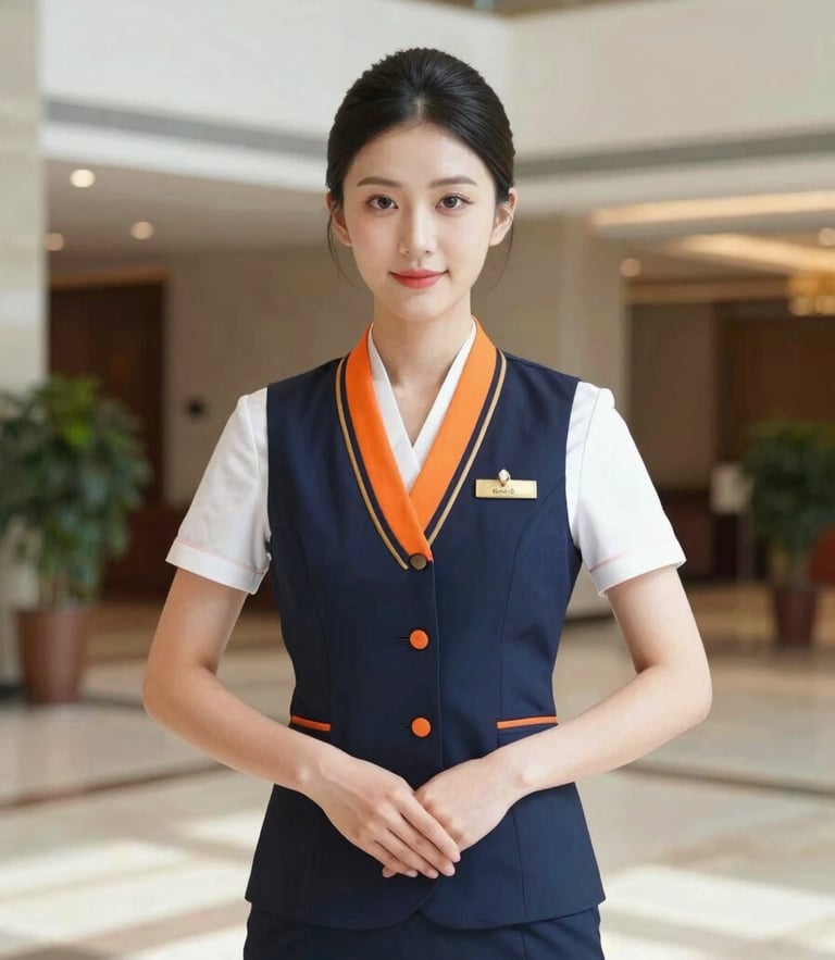 A confident female student in an immaculate navy and orange hospitality uniform stands in a brightly lit modern hotel lobby, eye-level portrait, crisp daylight.