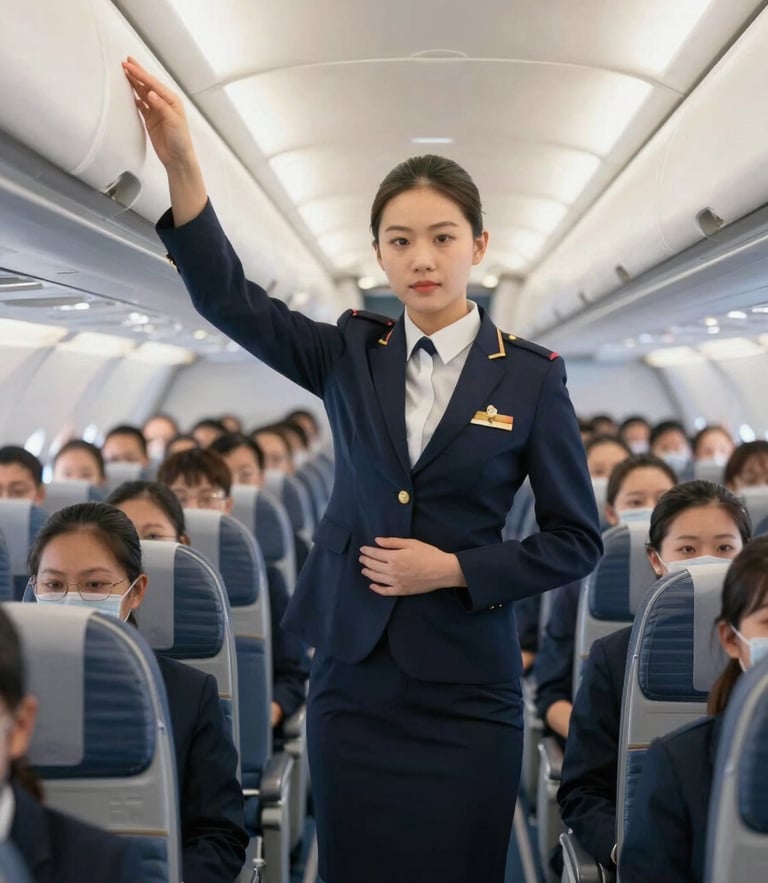 An immaculate mock aircraft cabin interior on campus, with students in sharp navy uniforms practicing cabin service under bright, crisp daylight.