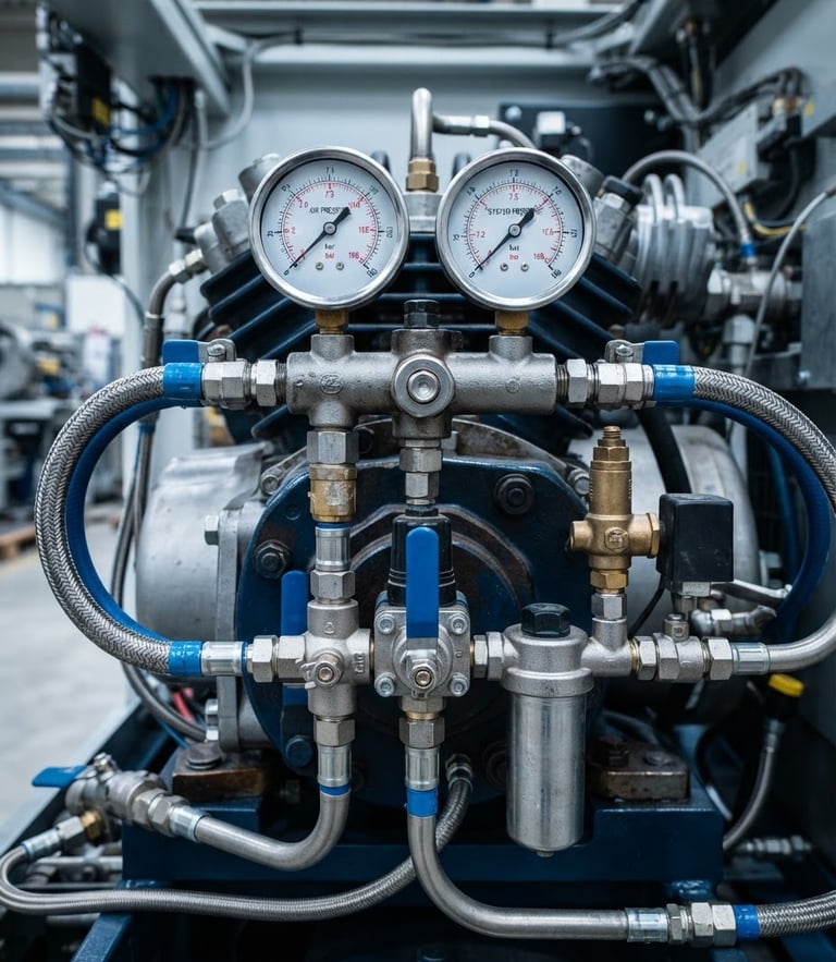 Sharp close-up of a heavy-duty rotary screw air compressor manifold with clean pressure gauges, high-contrast industrial studio lighting, cool silver and deep blue tones.