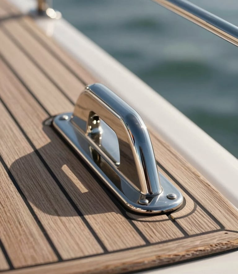 Extreme close-up of polished stainless steel deck hardware and custom teak decking on a yacht in Newport harbor, crisp morning light, high contrast