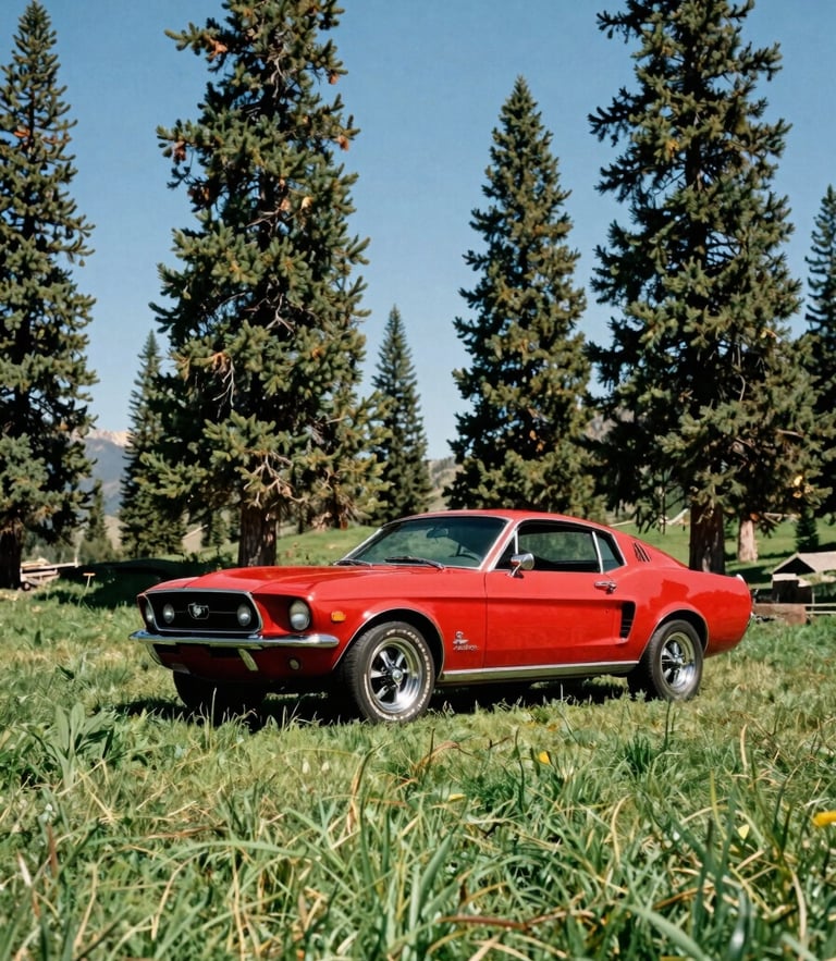 Low-angle hero shot of a polished red 1968 Ford Mustang parked on lush green grass, towering pines and clear blue Idaho sky in the background, 35mm