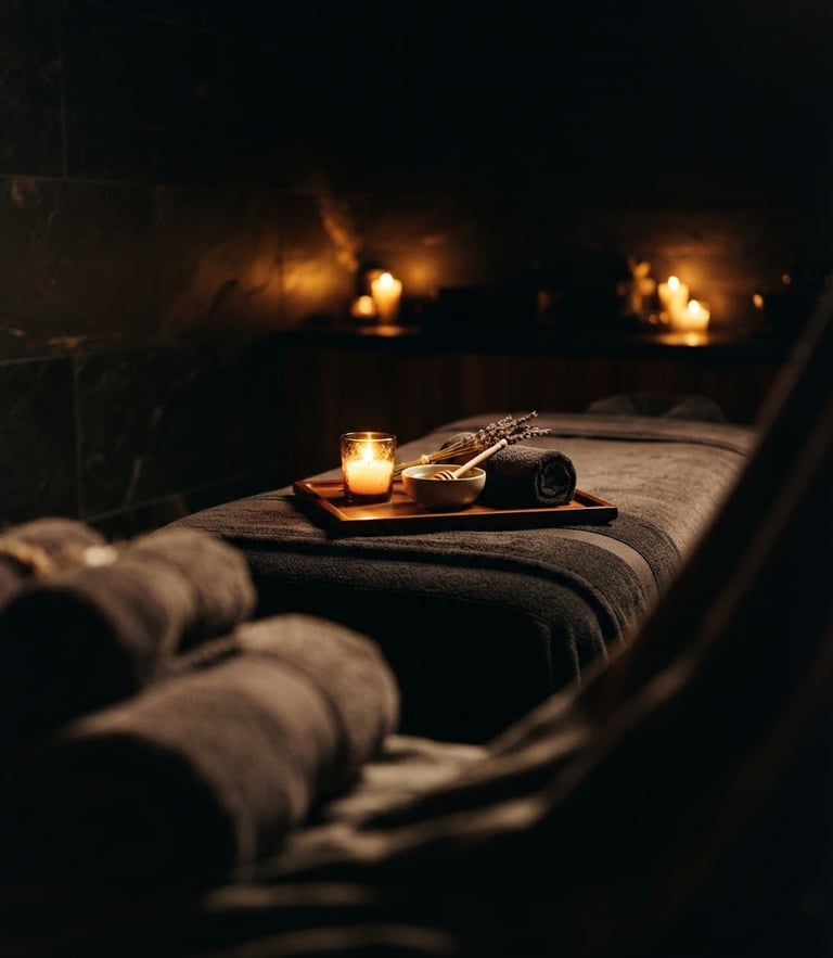 Low-key dramatic chiaroscuro shot of a candle-lit private massage suite, warm golden glow reflecting off dark polished stone, soft-focus linen in foreground.
