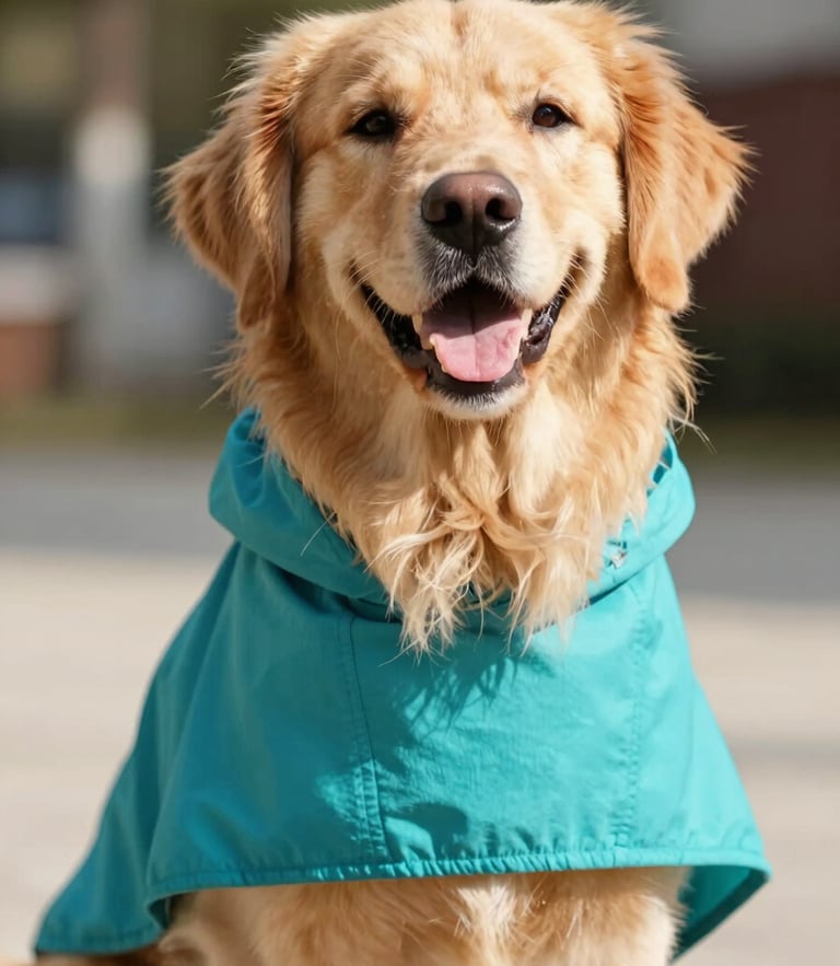Happy smiling golden retriever wearing a bright teal artisanal poncho, warm natural daylight, eye-level pet portrait