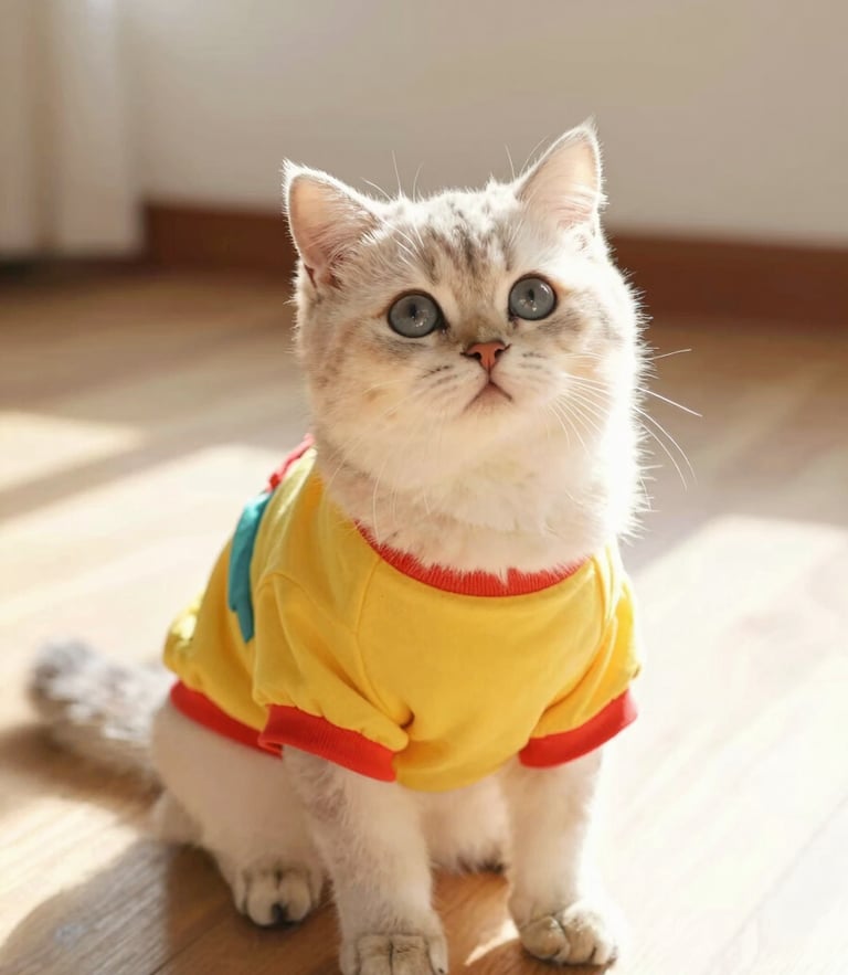 Bright warm photo of a small fluffy kitten wearing a colorful miniature shirt, sitting comfortably on a sunny wooden floor, natural daylight, soft focus background