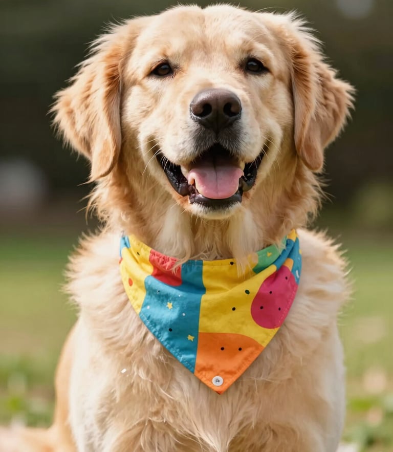 Bright warm photo of a happy golden retriever wearing a colorful handmade pet bandana, natural daylight, soft focus background