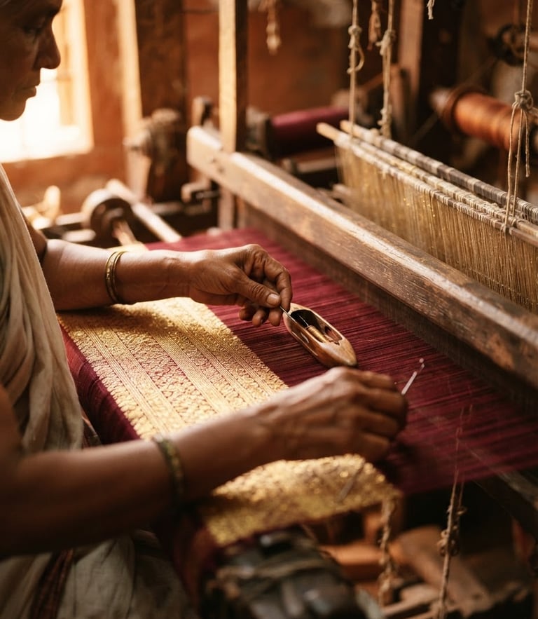 A close-up of hands weaving Kanchipuram silk on a traditional wooden loom, warm golden-hour sunlight highlighting the fine gold threads, shallow depth of field, 35mm.