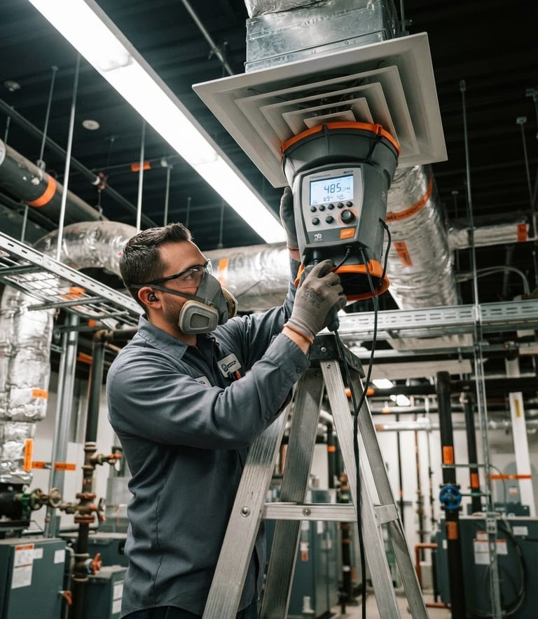 Close-up of a certified technician in safety gear operating a digital flow hood in a high-ceiling commercial mechanical room, bright high-contrast site lighting, slate and orange tones, 35mm.