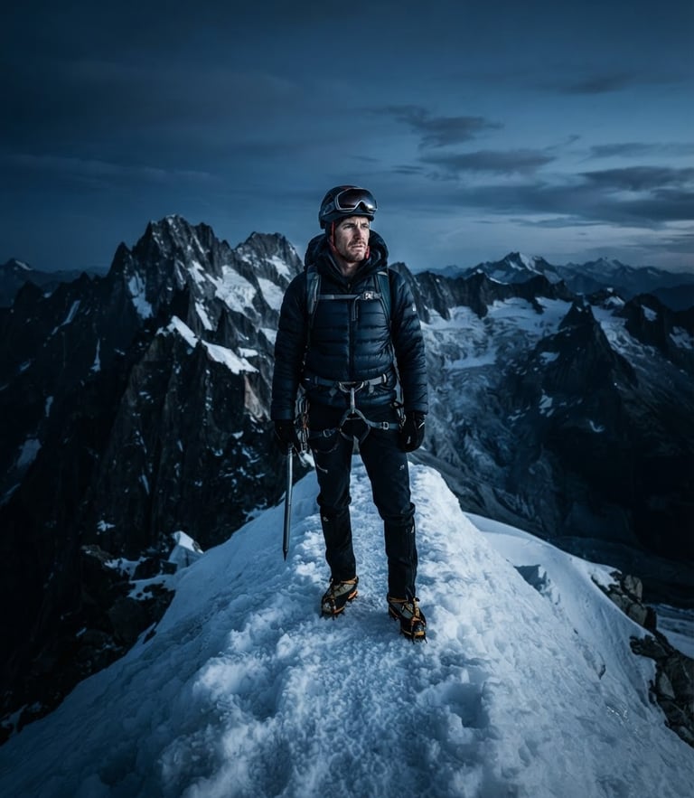 Heroic athlete standing on a snow-covered alpine peak under cold blue lighting, dramatic high-contrast mountain background, 50mm