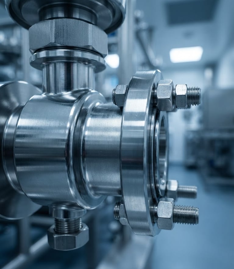 Macro close-up of an electropolished stainless steel sanitary valve, sterile cleanroom lighting, cool cyber-blue reflections, ultra-sharp details