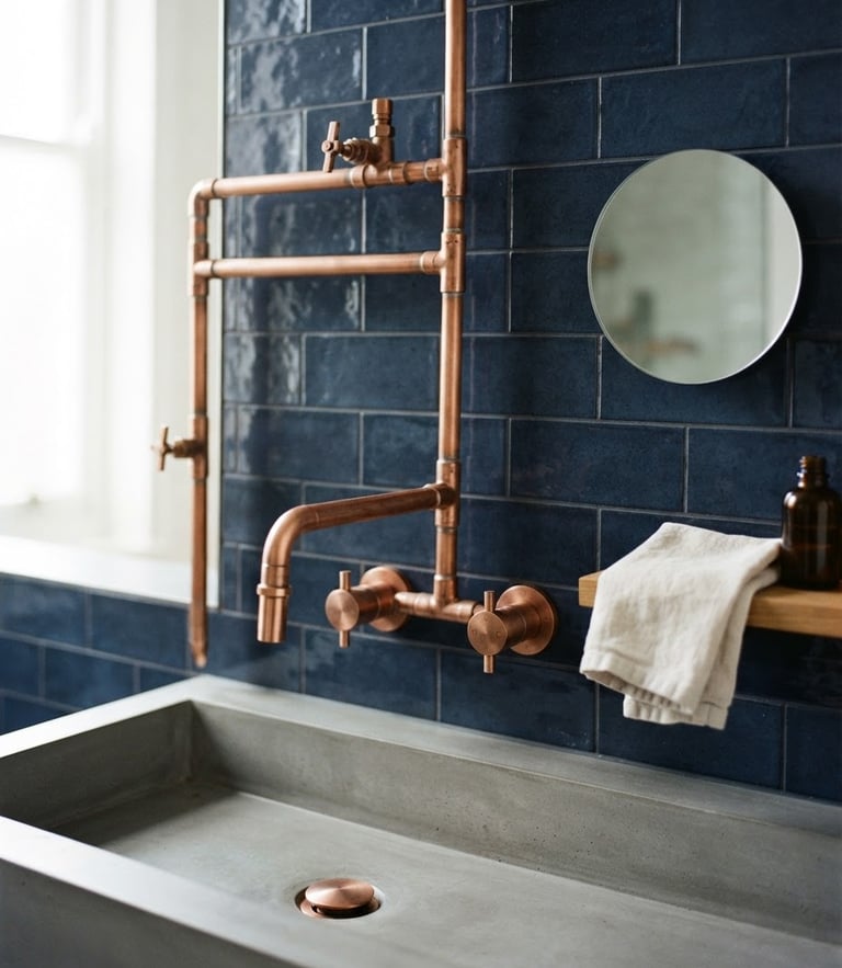 Crisp architectural photography of a modern high-end bathroom fixture, clean copper piping details, sharp focus, 35mm