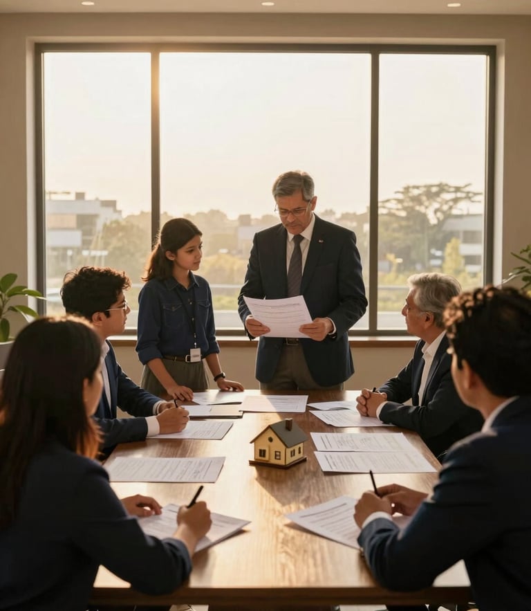 Professional advisory meeting in Kanpur, a family reviewing official registry blueprints with a real estate expert, warm golden-hour light streaming through window
