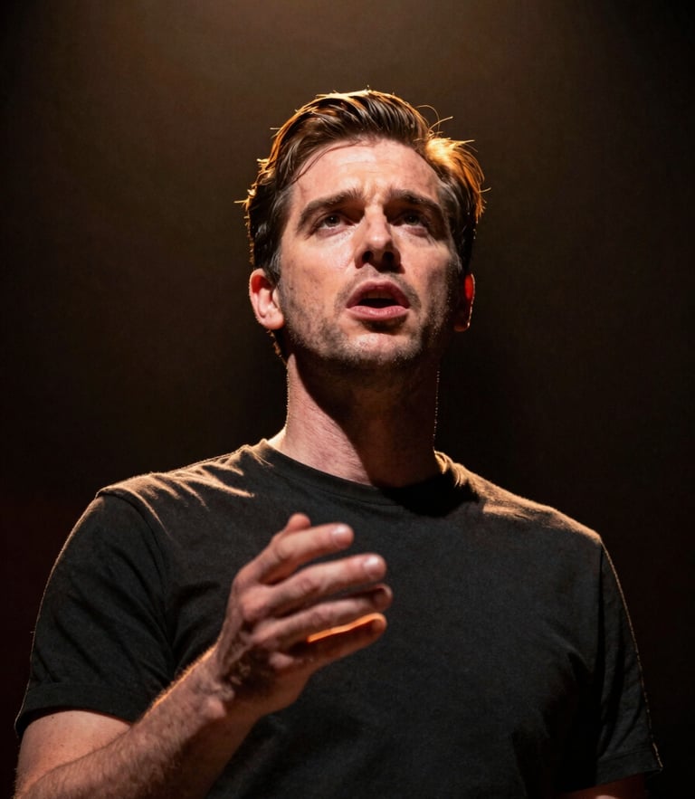 Low-angle dramatic portrait of John Page speaking on stage, spotlight cutting through deep charcoal shadows, warm amber rim light, intense focused expression.