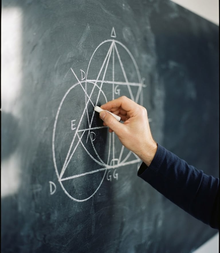 A close-up of a hand drawing a clean geometric proof on a slate whiteboard, bright natural daylight, sharp focus, 35mm