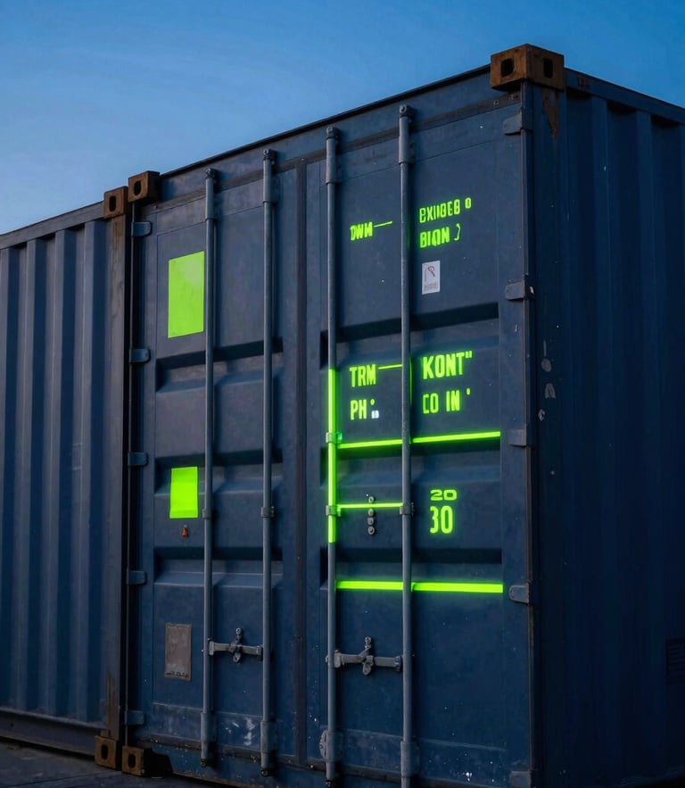 High-contrast macro shot of a shipping container terminal at dusk, cool blue ambient light with sharp neon green data overlay lines, 35mm lens