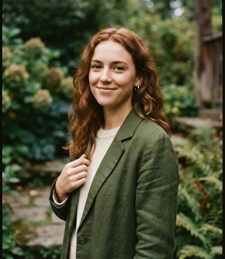 Warm editorial portrait of Alanah in soft overcast daylight, natural background, rich textures, 35mm photography