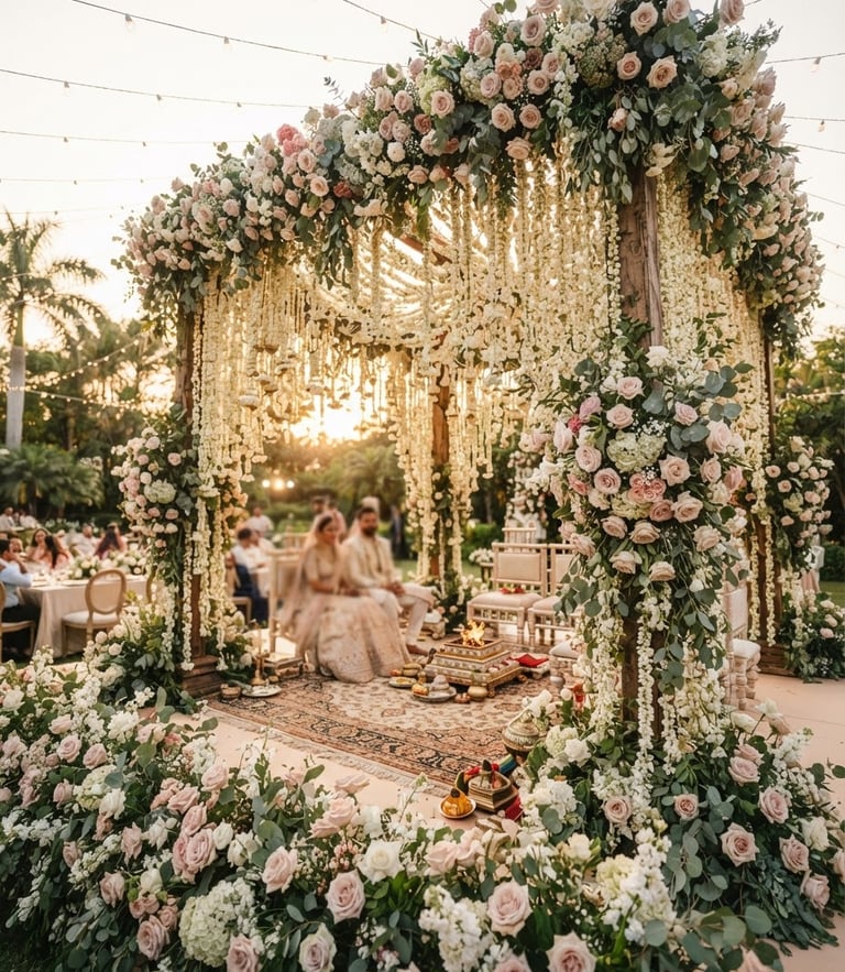 Dramatic wide shot of a grand wedding mandap dripping with fresh jasmine and blush roses, soft golden-hour light, shallow depth of field, 35mm