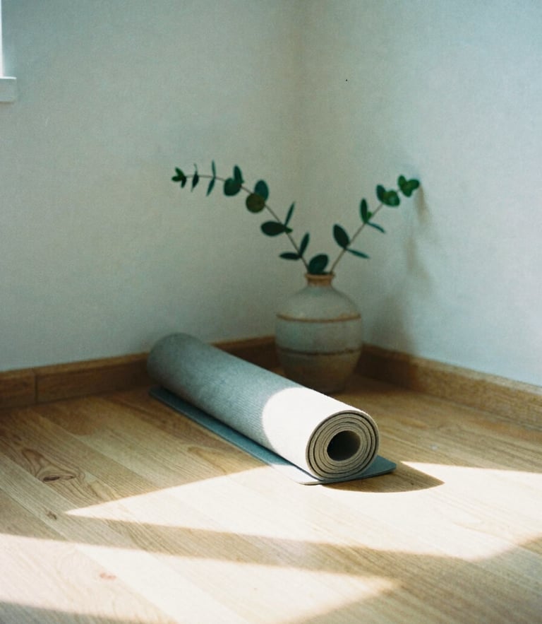 Soft-focus film photograph of a quiet studio corner, warm morning sun casting long shadows on a light wood floor, a rolled linen yoga mat resting beside a single green branch in a ceramic vase.