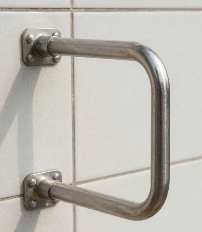 Straight-on architectural close-up of a securely installed stainless steel grab rail on a neat tiled wall, bright daylight, emphasizing clean lines and solid structural mounting.