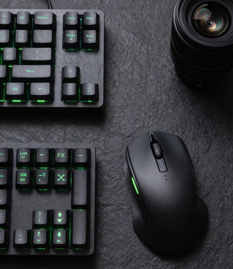 Overhead flat-lay of an organized dark slate desk setup, mechanical keyboard, sleek wireless mouse, cool green LED accent lighting, sharp focus, 50mm lens