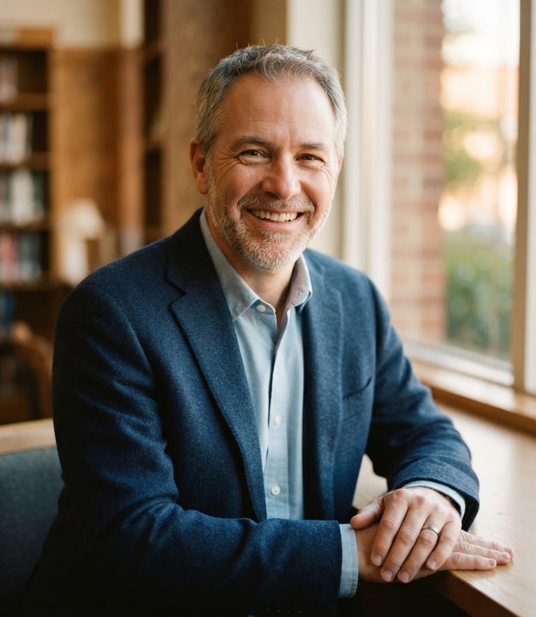 Medium close-up of Dr. Michael Eaton smiling warmly, dressed in a soft navy blazer, golden-hour natural light streaming from a window, shallow depth of field, 35mm film feel.
