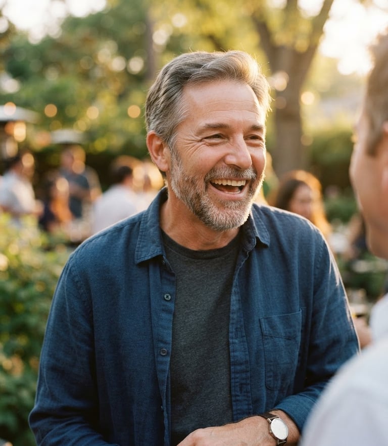 A warm portrait of Dr. Michael Eaton laughing candidly, soft golden-hour natural light, shallow depth of field, 35mm film feel
