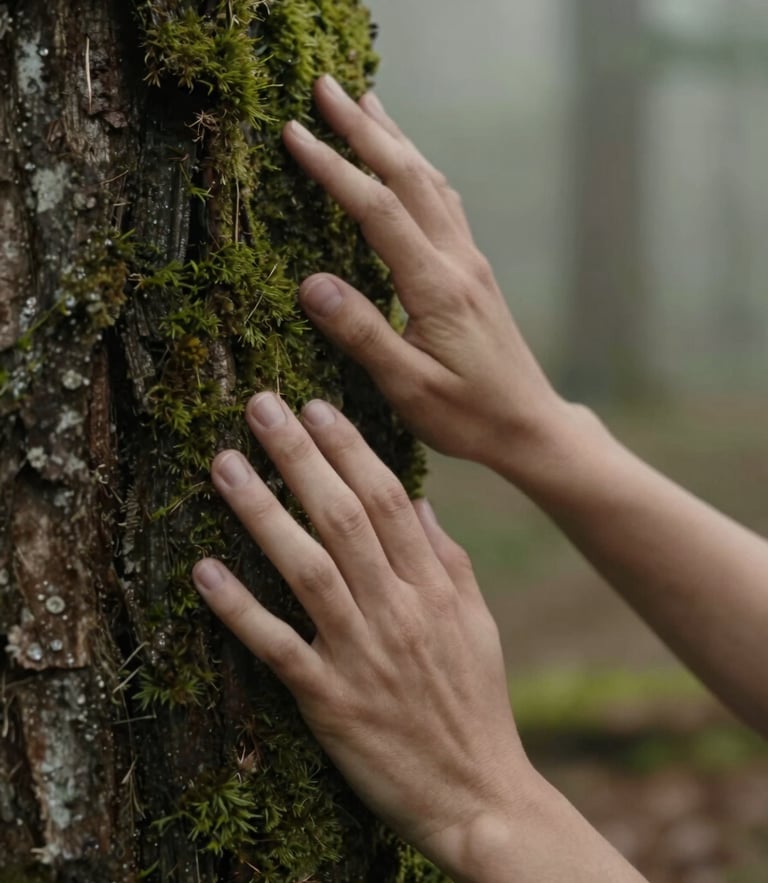 Intimate close-up of hands touching mossy tree bark, soft morning light, cinematic 35mm film, earthy forest tones