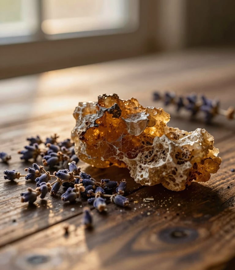 mystical editorial photography, warm golden-hour window light, earthy organic tones, close-up macro of raw copal resin and dried lavender buds on an old wooden table, shallow depth of field, 35mm