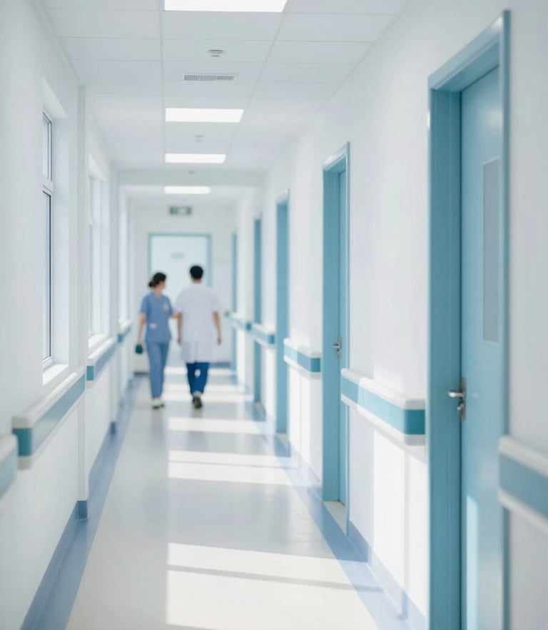 Bright clinical hospital corridor, clean natural daylight, soft white and sterile blue tones, professional medical staff visible in distance, crisp focus, 35mm