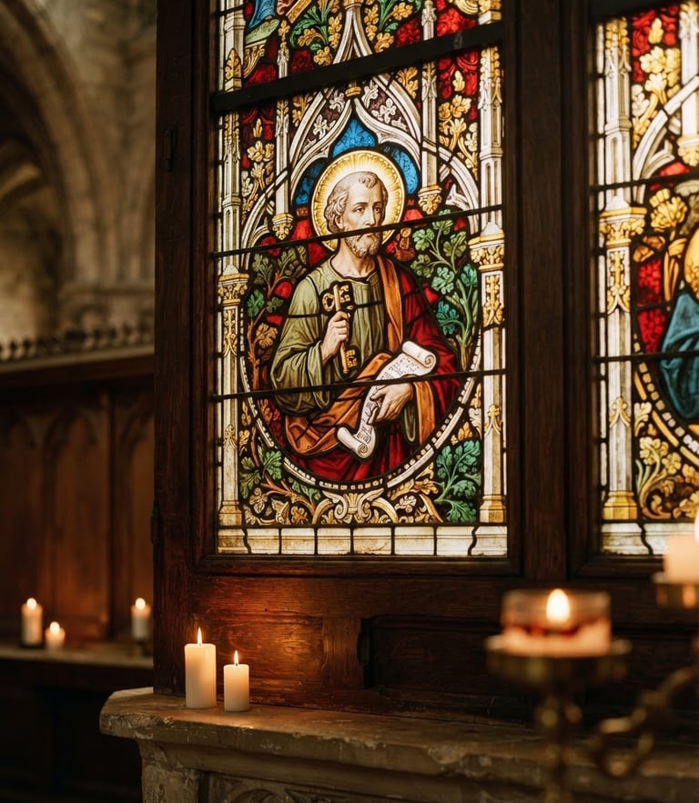 Close-up of stained glass window inside a historic church, warm morning light filtering through, soft candle glow, 35mm film aesthetic, shallow depth of field