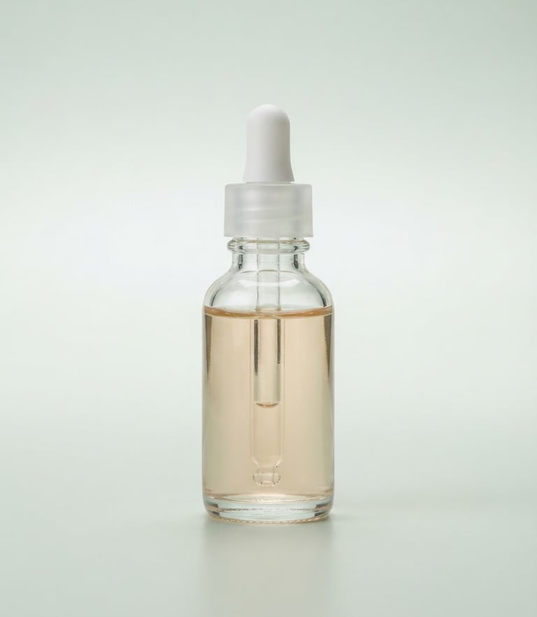 Bright high-key product photography, centered straight-on portrait of a clear glass serum bottle with a dropper, soft studio light, pale sage background, sharp focus, 50mm