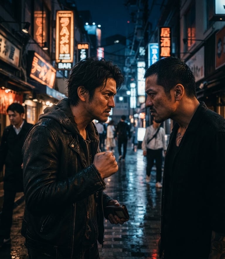 Moody cinematic low-angle shot of a tense character confrontation on a neon-lit street, saturated ambers and deep blues, sharp shadows, vertical 9:16 framing, shallow depth of field