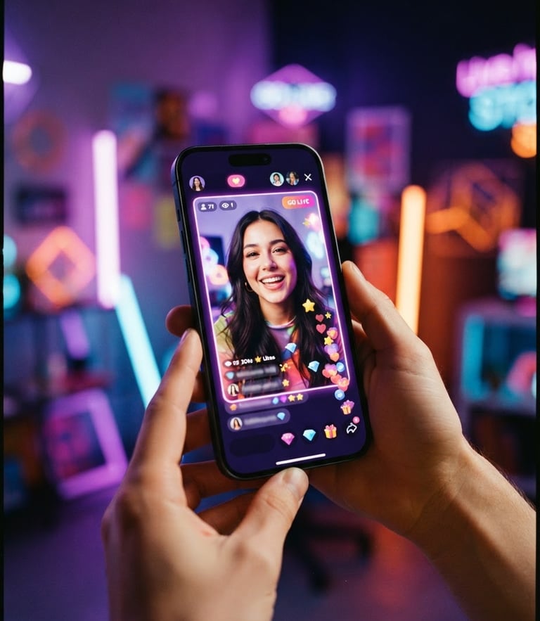 A modern smartphone mockup displaying the vibrant Hily Live streaming interface, glowing purple and pink user interface elements, neon studio background, 35mm photography