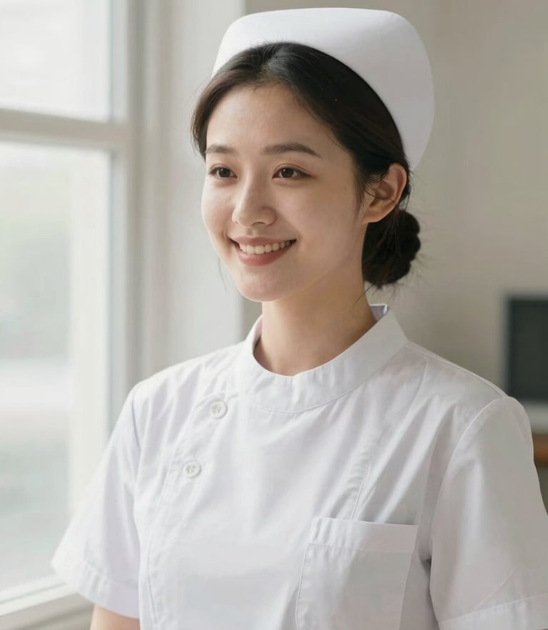 A professional female nurse in a clean uniform smiling warmly, soft diffused natural window light, clinical-editorial style