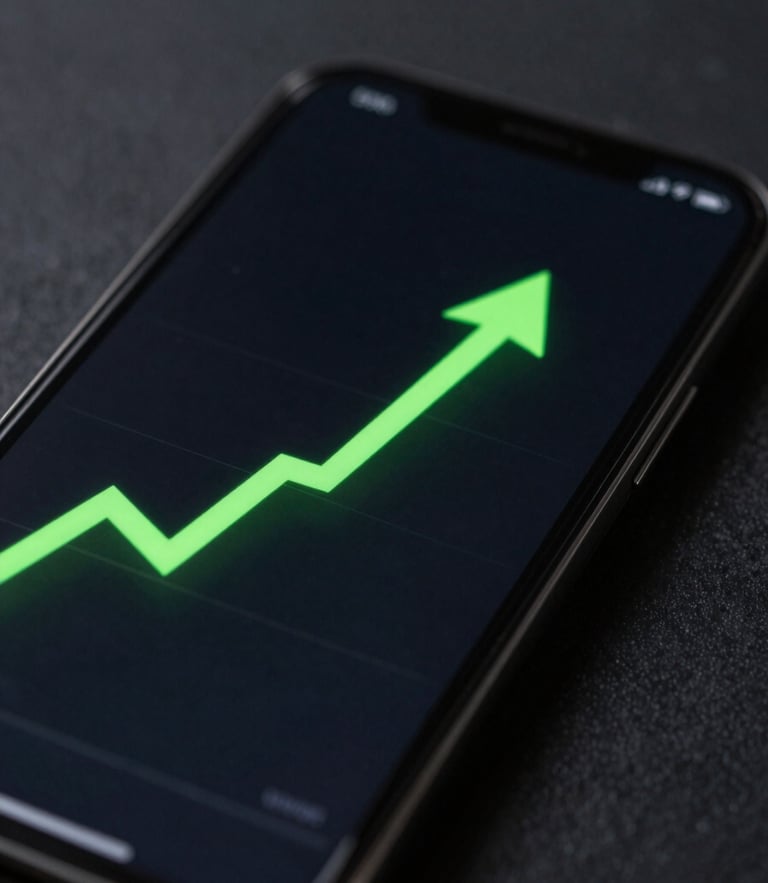 Sleek macro shot of a dark smartphone screen displaying a neon green upward trend chart, moody high-contrast studio lighting, deep charcoal background, sharp focus