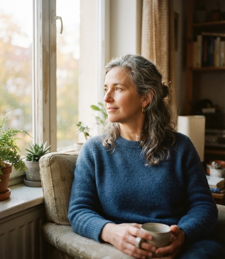 Warm editorial photography of a conscious adult in a moment of calm reflection, soft morning window daylight filtering through, shallow depth of field, 35mm
