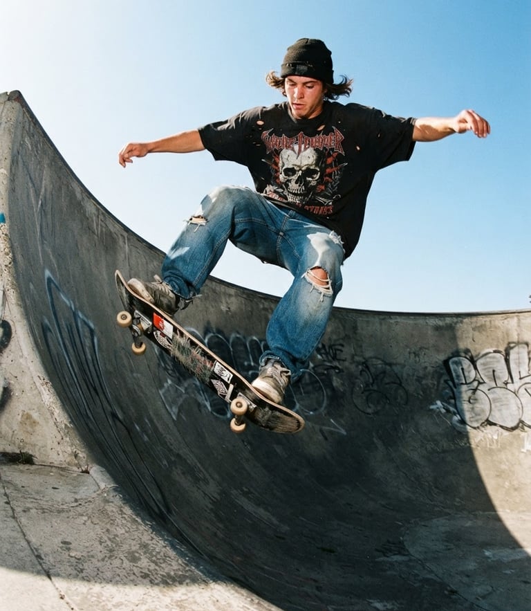 Low-angle flash photo of a rebellious skater wearing an oversized graphic tee, mid-air over a concrete bowl, harsh sunlight, high contrast