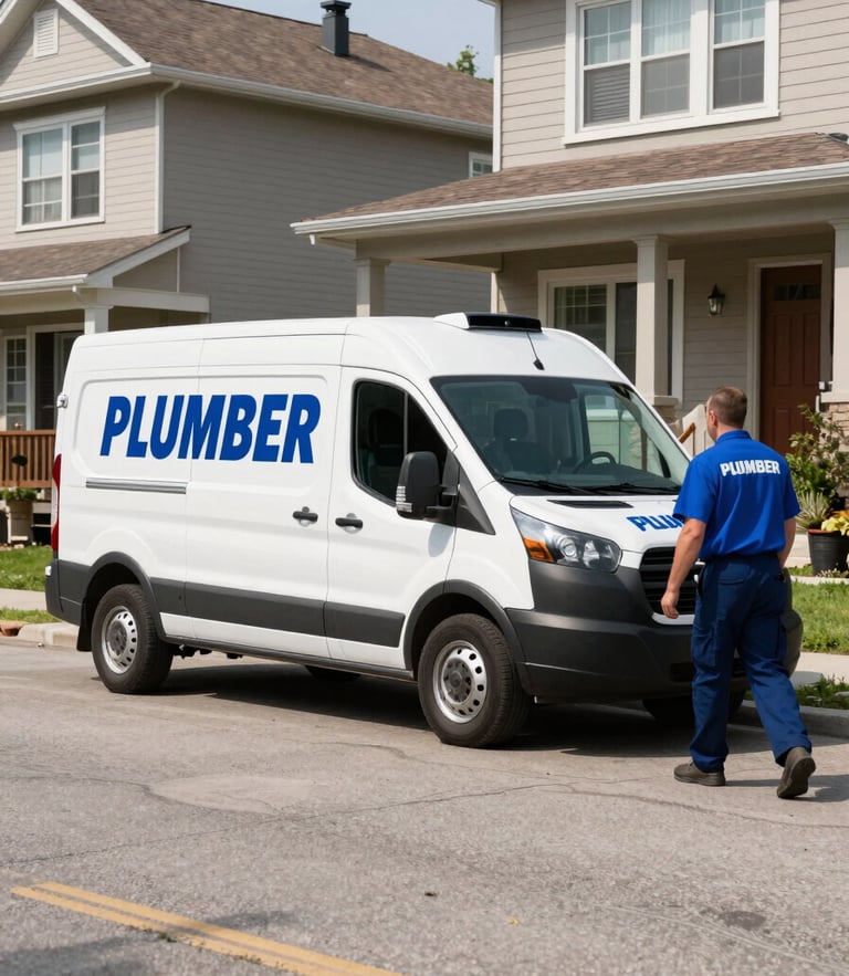 A bright clean branded Plumber GTA service van parked on a residential street in Toronto, a licensed technician in a clean uniform walking towards the house, daytime, crisp details.