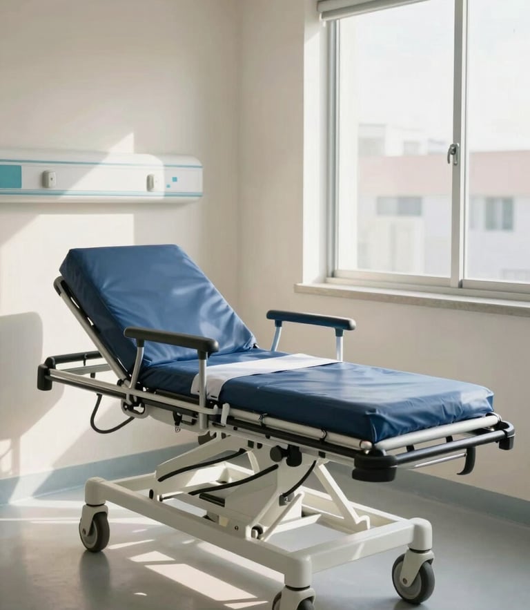 Medium-wide environmental shot of a modern Mexican hospital room, soft warm sunlight from a window illuminating a robust clinical stretcher, deep blue and clean white accents, professional clinical setting, 35mm