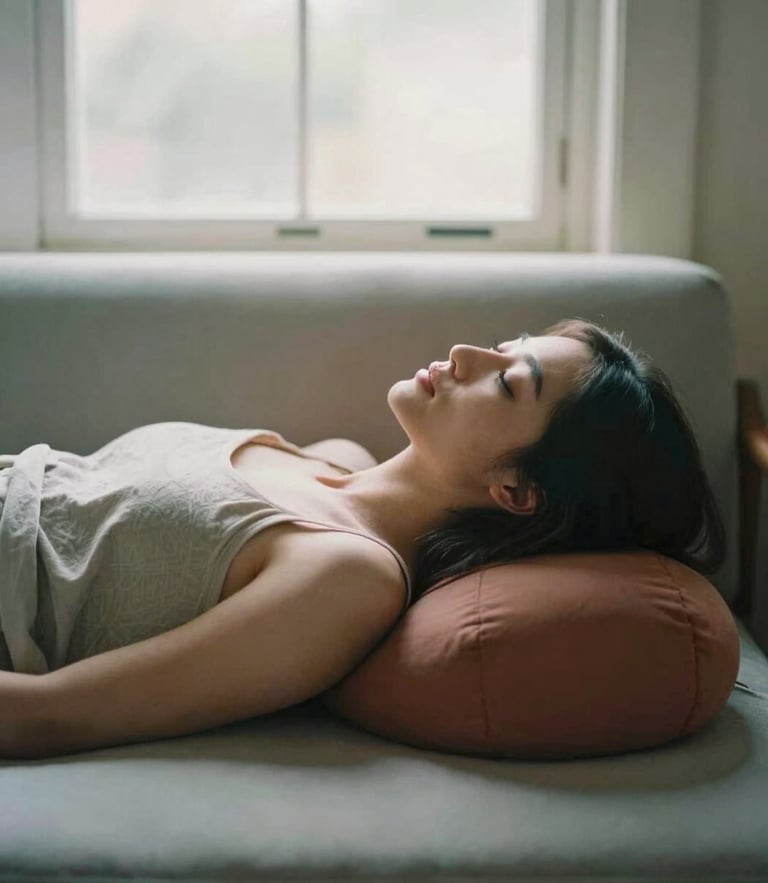 A woman in a cozy living room resting on a bolster, soft morning light filtering through a window, muted sage and clay tones, 35mm photography.