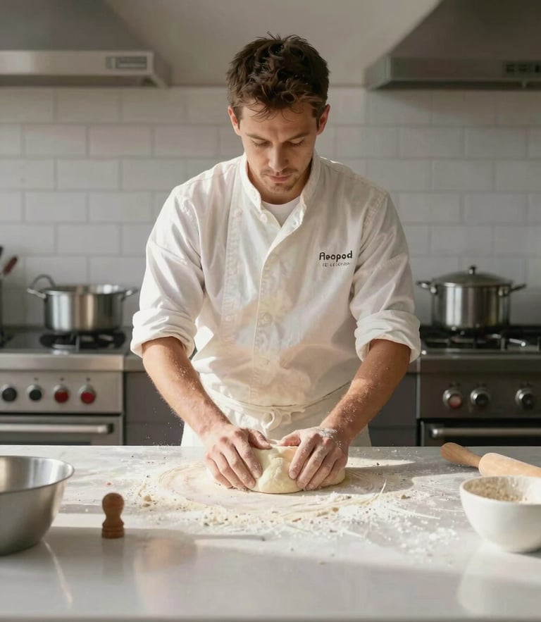Bright, daylight-filled kitchen with a local baker kneading dough on a clean counter, straight-on framing, high-contrast details.