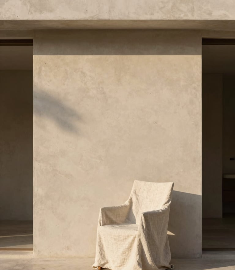 A straight-on architectural elevation of a minimalist concrete and plaster interior. Soft afternoon light casts long shadows across a textured beige wall, with a single linen-draped chair in the foreground.
