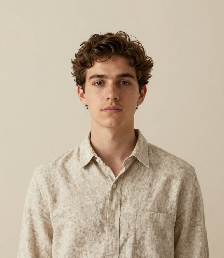 A straight-on architectural portrait of a young designer in a neutral linen shirt, soft warm side lighting, minimalist cream plaster background