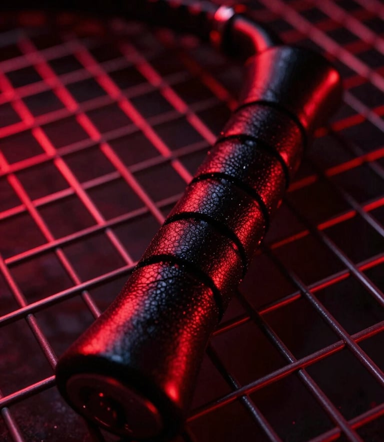 Extreme close-up of a black leather whip handle resting on a metallic grid, deep red neon rim lighting, high-gloss textures, cyber-noir style