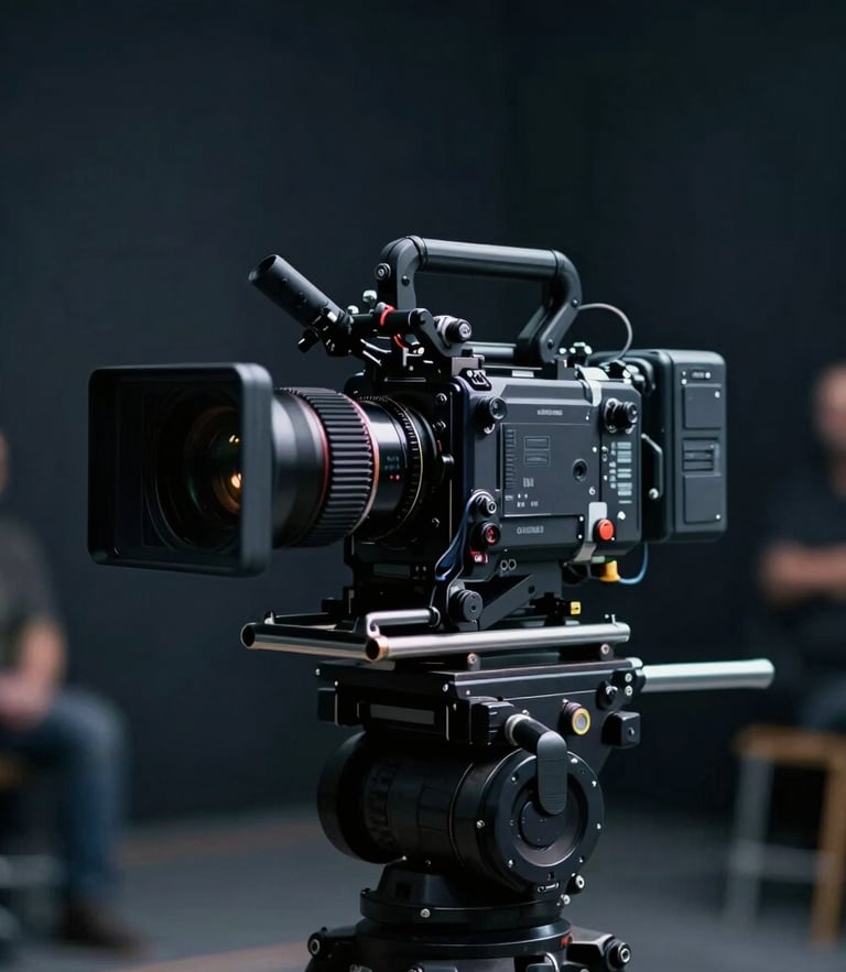 Wide cinematic shot of an anamorphic camera rig on a professional film set, high-contrast studio lighting, deep navy and charcoal tones, shallow depth of field