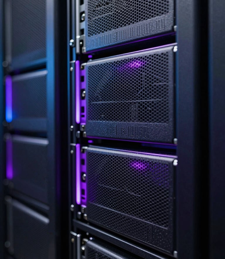Macro photographic close-up of high-performance server racks in a dark data center, illuminated by sharp directional violet and indigo edge lights, clean technical composition.