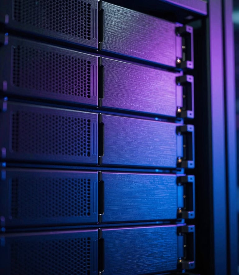 Macro close-up of high-performance server racks in a dark data center, moody blue and violet edge lights reflecting off brushed metal, ultra-precise vector lines overlaid.